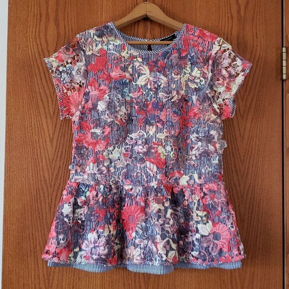 EUC Halogen White & Blue Striped Top with Colorful Lace Floral Overlay Sz XS - Picture 1 of 4